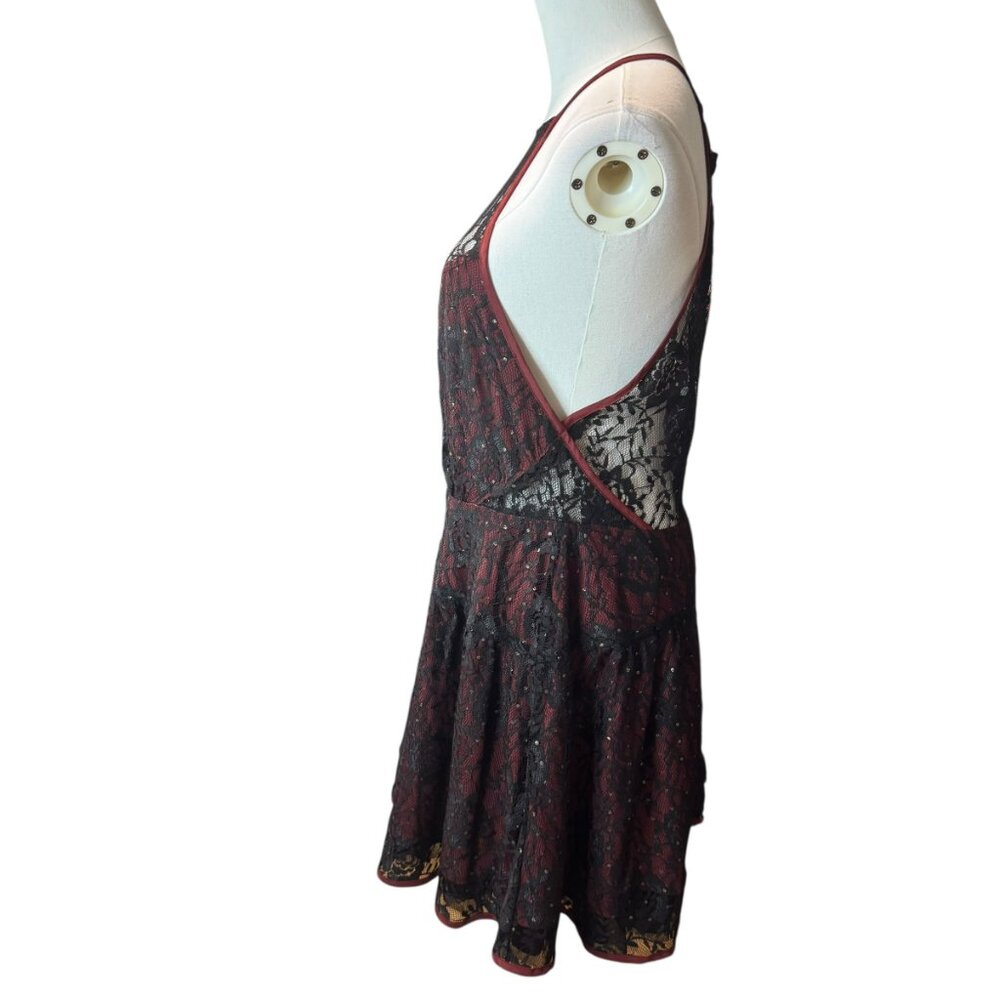 xFree People Black & Burgundy Lace Fit & Flare Mini Dress SZ:10  Sheer Open Back - Picture 4 of 11